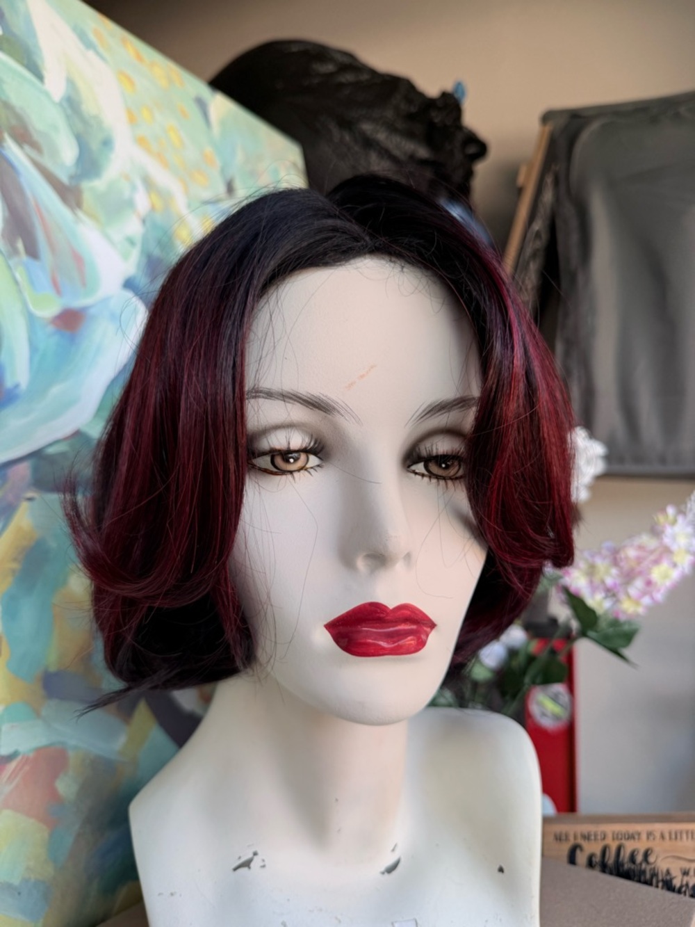 Short Burgundy Layered Bob Wig with Subtle Black Roots